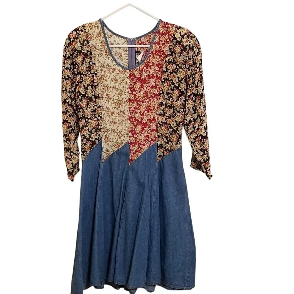 Tickets Vintage‎ Dress S Cottagecore Floral Top Denim Skirt Long Sleeve Knee